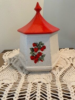 Source Unknown Red-Top Strawberry Hexagonal Ceramic Canister
